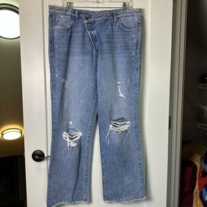 Flying Monkey 90s High-Rise Straight Rigid Mom Jeans Asymmetrical Waist Distress